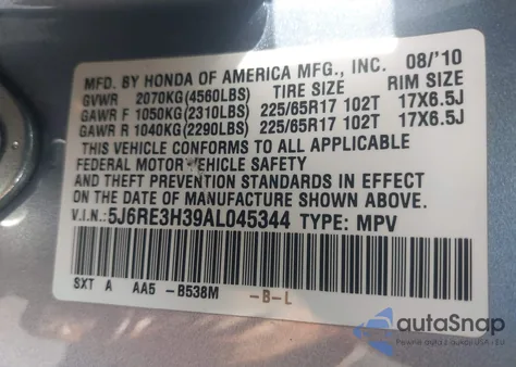 2010 Honda Cr-V Lx from USA, damaged, VIN 5J6RE3H39AL045344